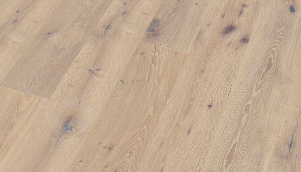 Landhausdiele Eiche Whitewash 15 mm   gekalkt, weiß geölt, gebürstete handgehobelte Oberfläche mit herausgearbeiteten Aststrukturen Klicksystem Bund à 2,81 qm